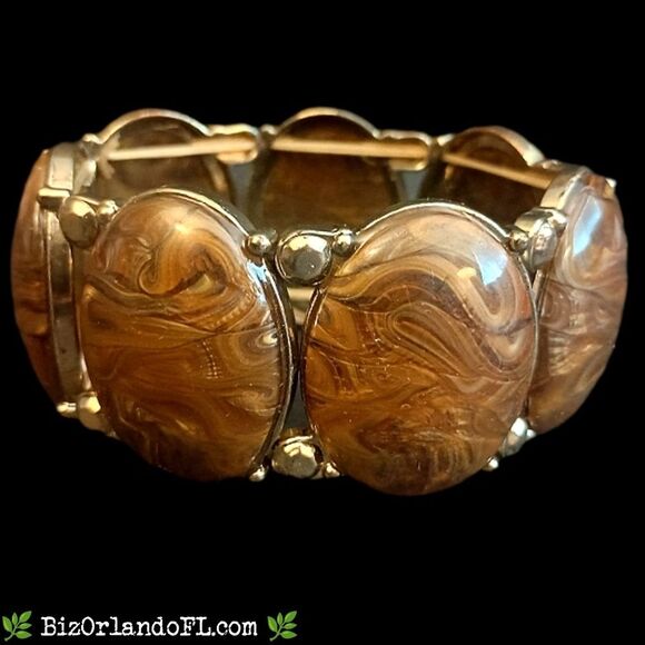 VINTAGE: Gold Tone Link Stretch Bracelet w/ Brown Swirl Acrylic Cabochons *RARE* - Picture 4 of 7